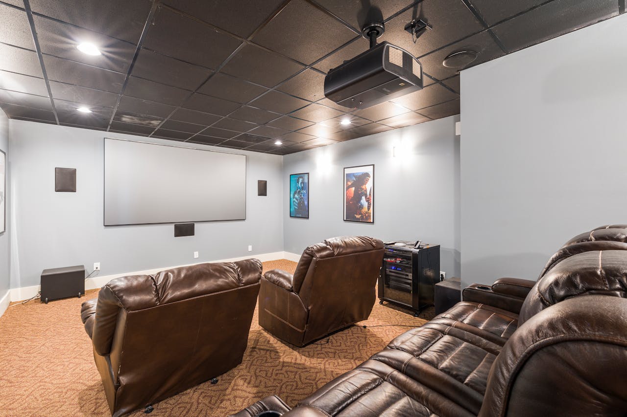 A home theatre with leather seats