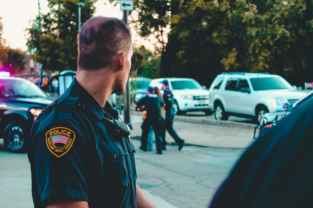 A police officer wearing a black uniform