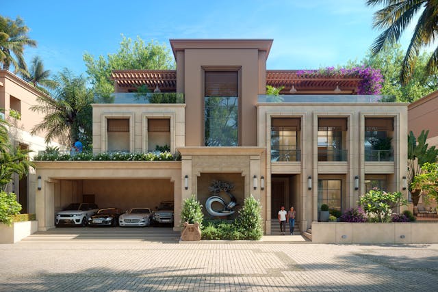 modern two-story house with a flat roof, large windows, and a spacious garage containing three cars