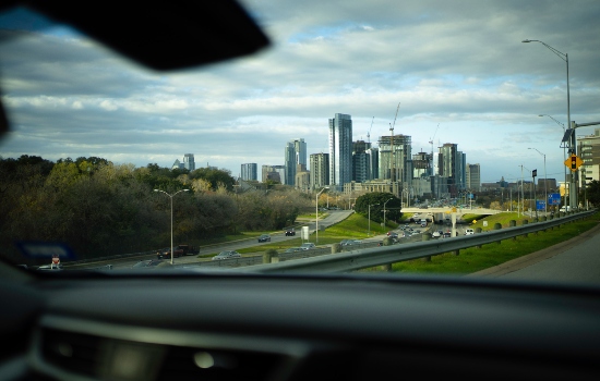 a view of Austin Texas through a windshield